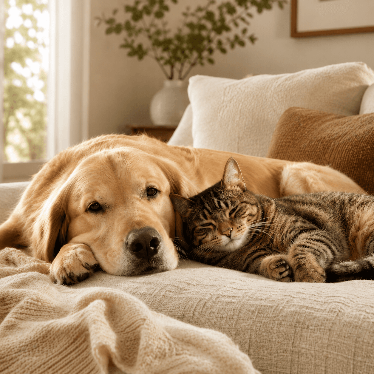 Milo the dog and Luna the cat at home